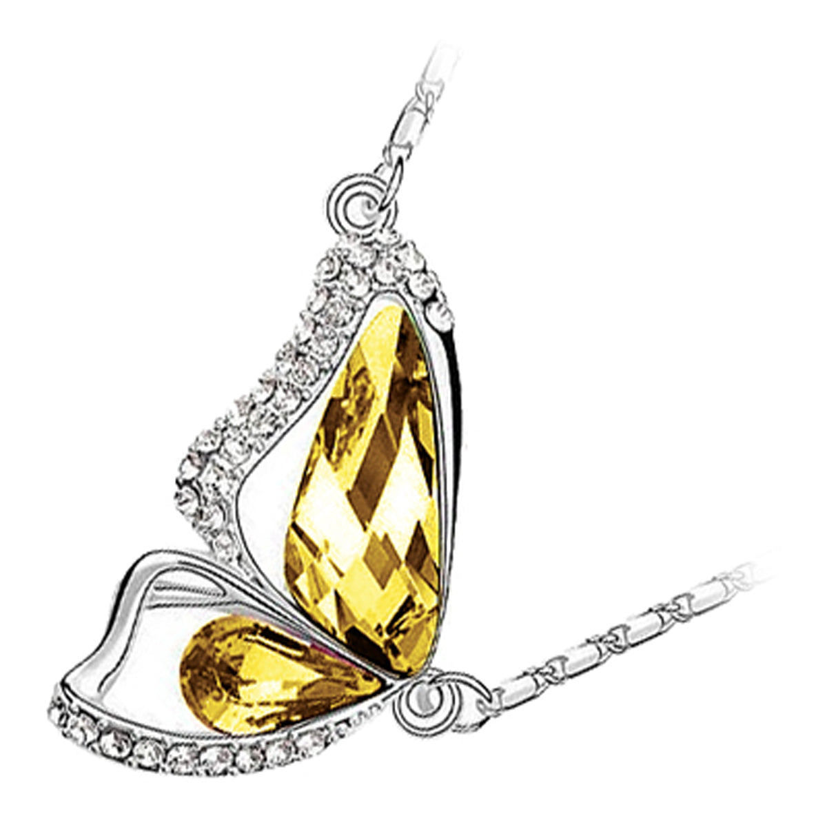 18K White Gold Coated Pendant Necklace with Butterfly Wings and Pave Set Clear Crystals