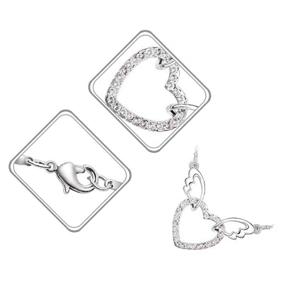 18K White Gold Coated Fashion Pendant Necklace with Love Heart Crystal Elements Angel Wing Chain Bails - Aquamarine Blue