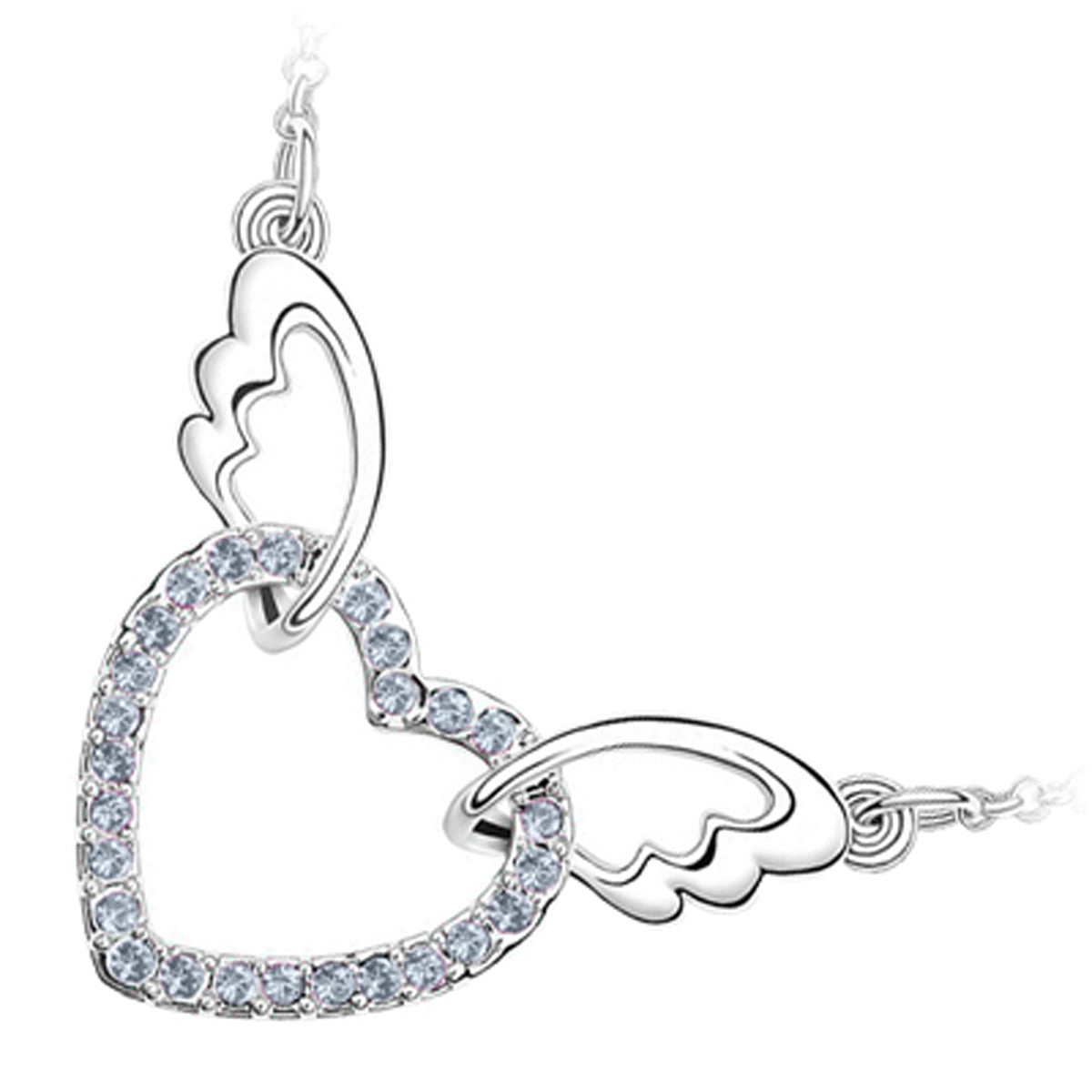 18K White Gold Coated Fashion Pendant Necklace with Love Heart Crystal Elements Angel Wing Chain Bails