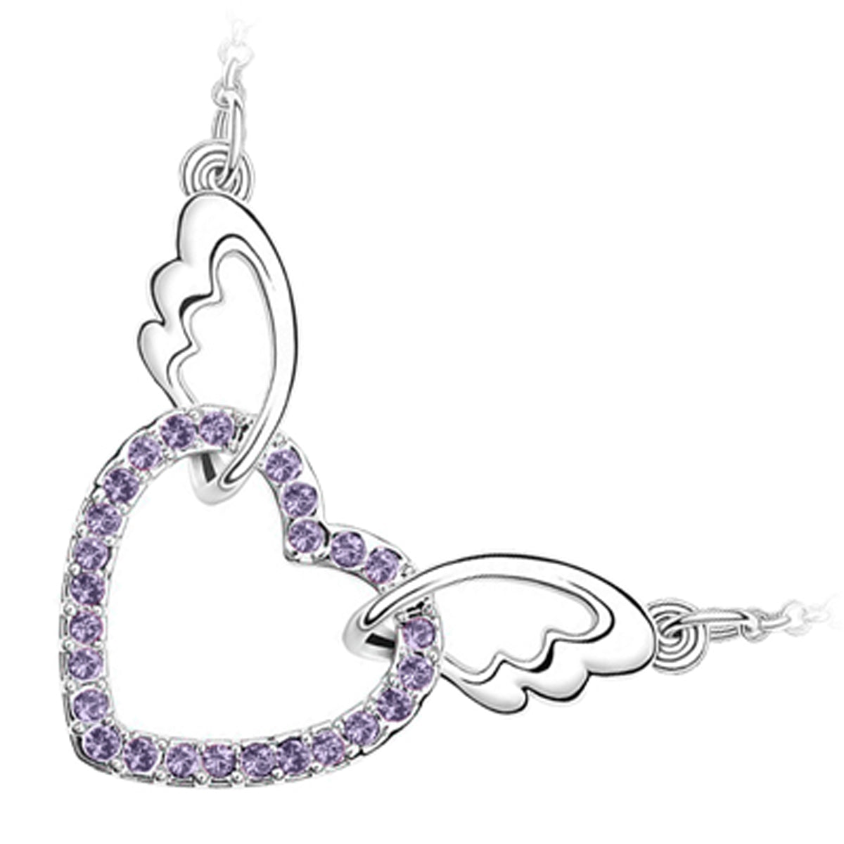 18K White Gold Coated Fashion Pendant Necklace with Love Heart Crystal Elements Angel Wing Chain Bails