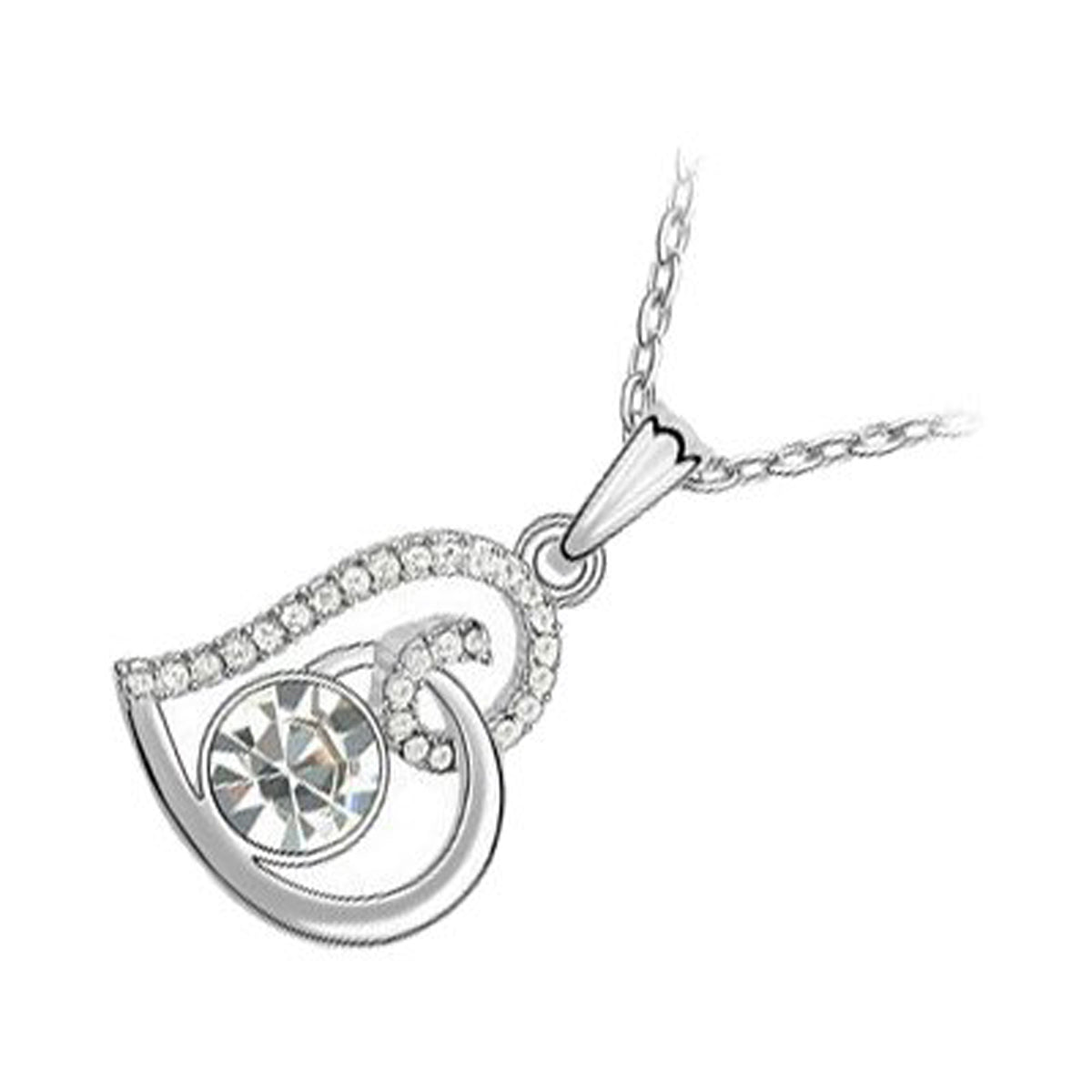 18K White Gold Coated Fashion Pendant Necklace with Love Heart Round and Clear Pave Set Crystals