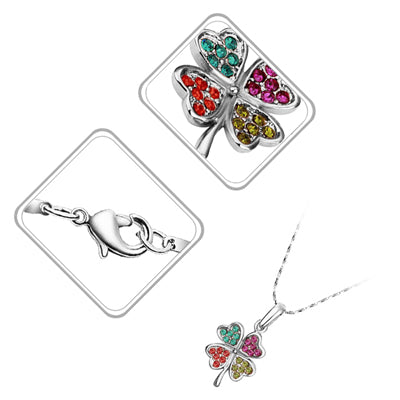 18K White Gold Coated Fashion Pendant Necklace with Four Leaf Clover Love Hearts and Crystal Elements