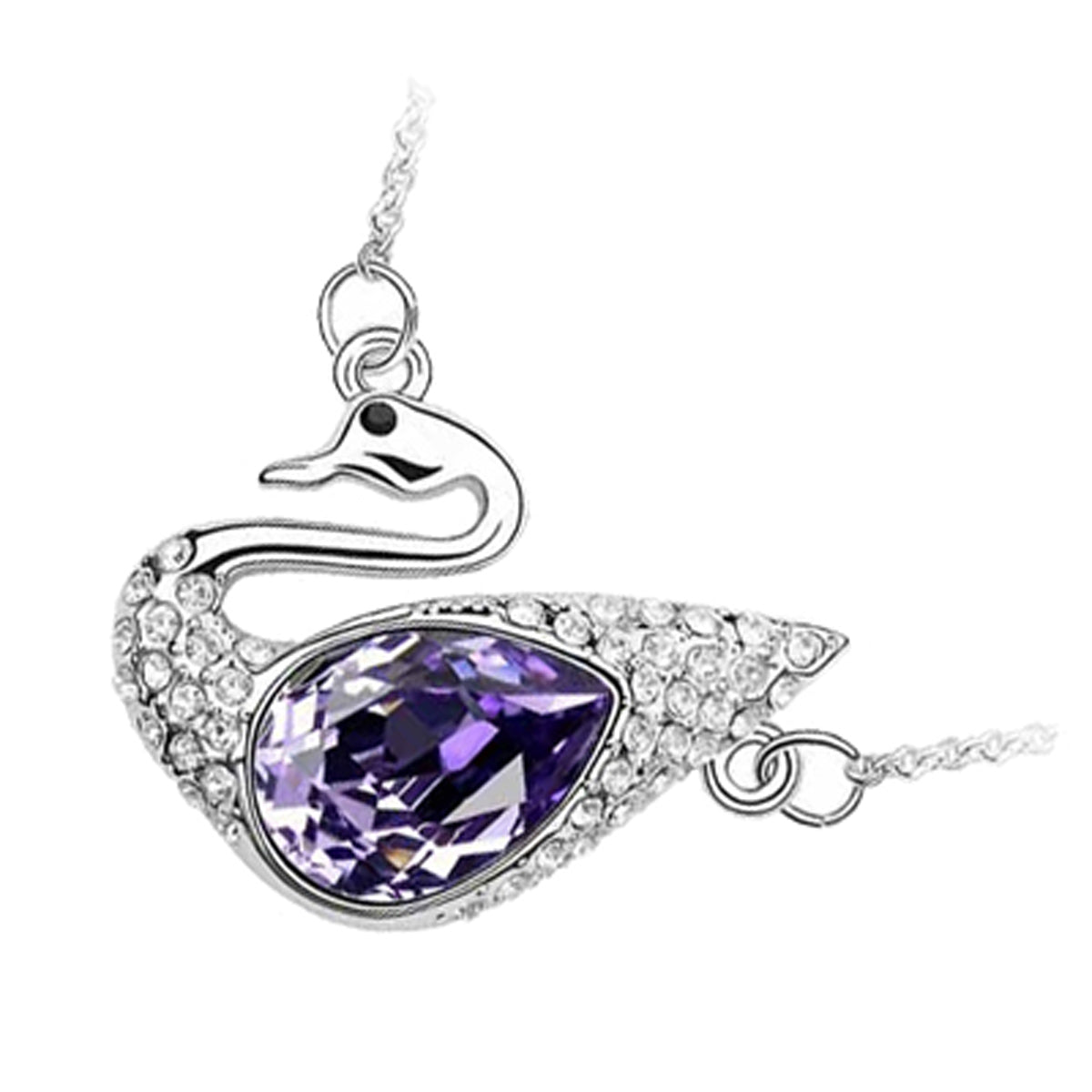 18K White Gold Coated Swan Pendant Necklace with Teardrop Crystal Element Wings