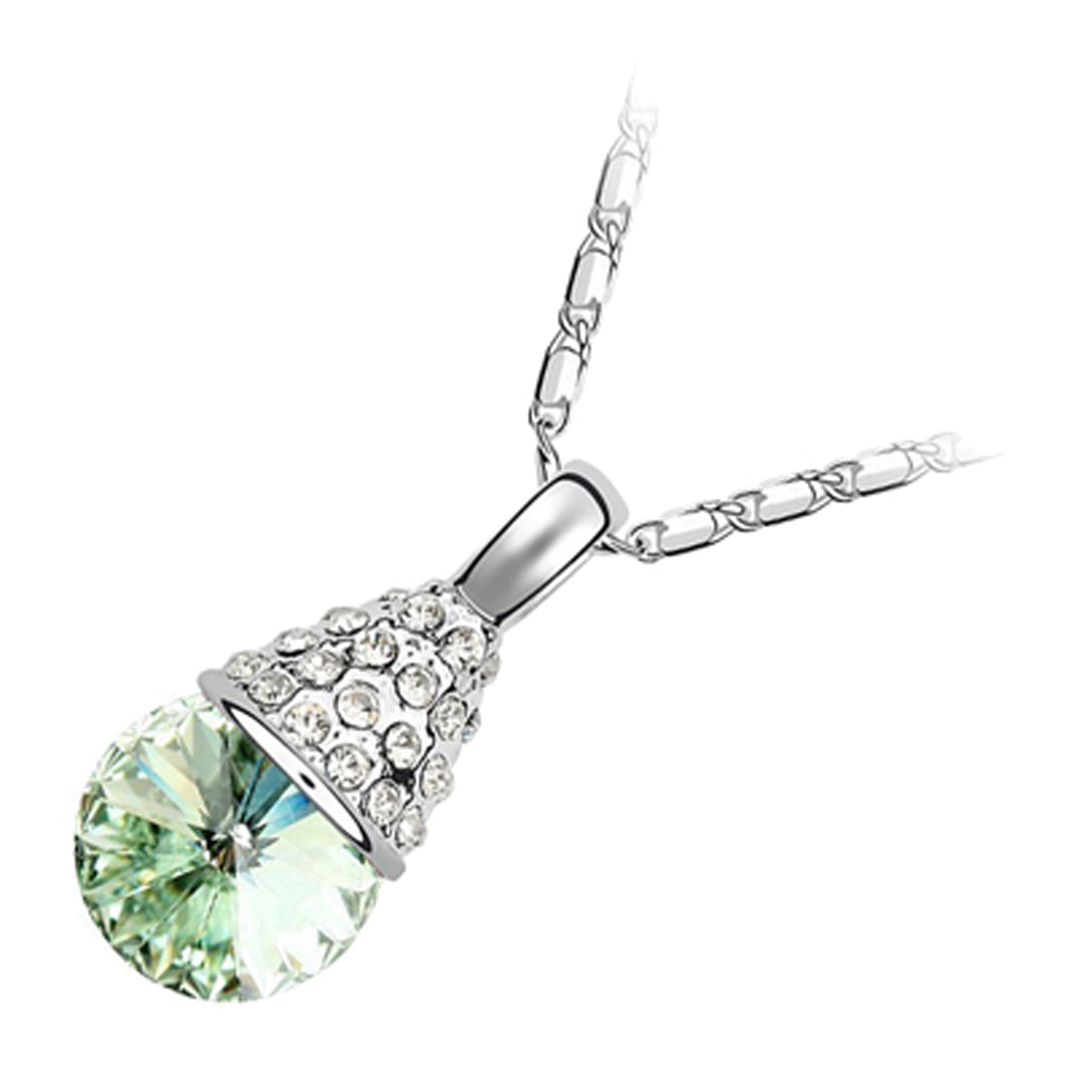 18K White Gold Coated Fashion Pendant Necklace with Faceted Crystal and Clear White Stud Crystals