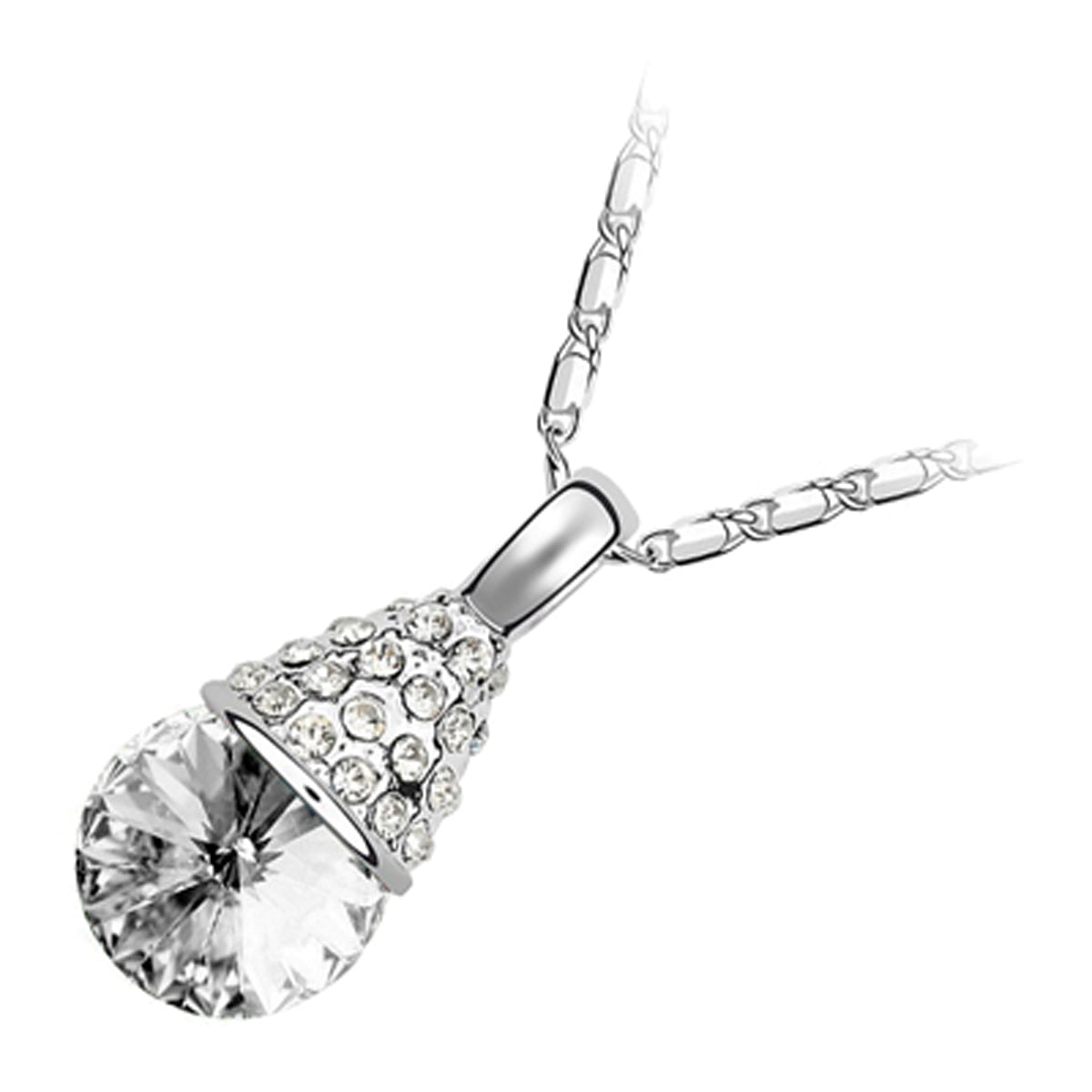18K White Gold Coated Fashion Pendant Necklace with Faceted Crystal and Clear White Stud Crystals