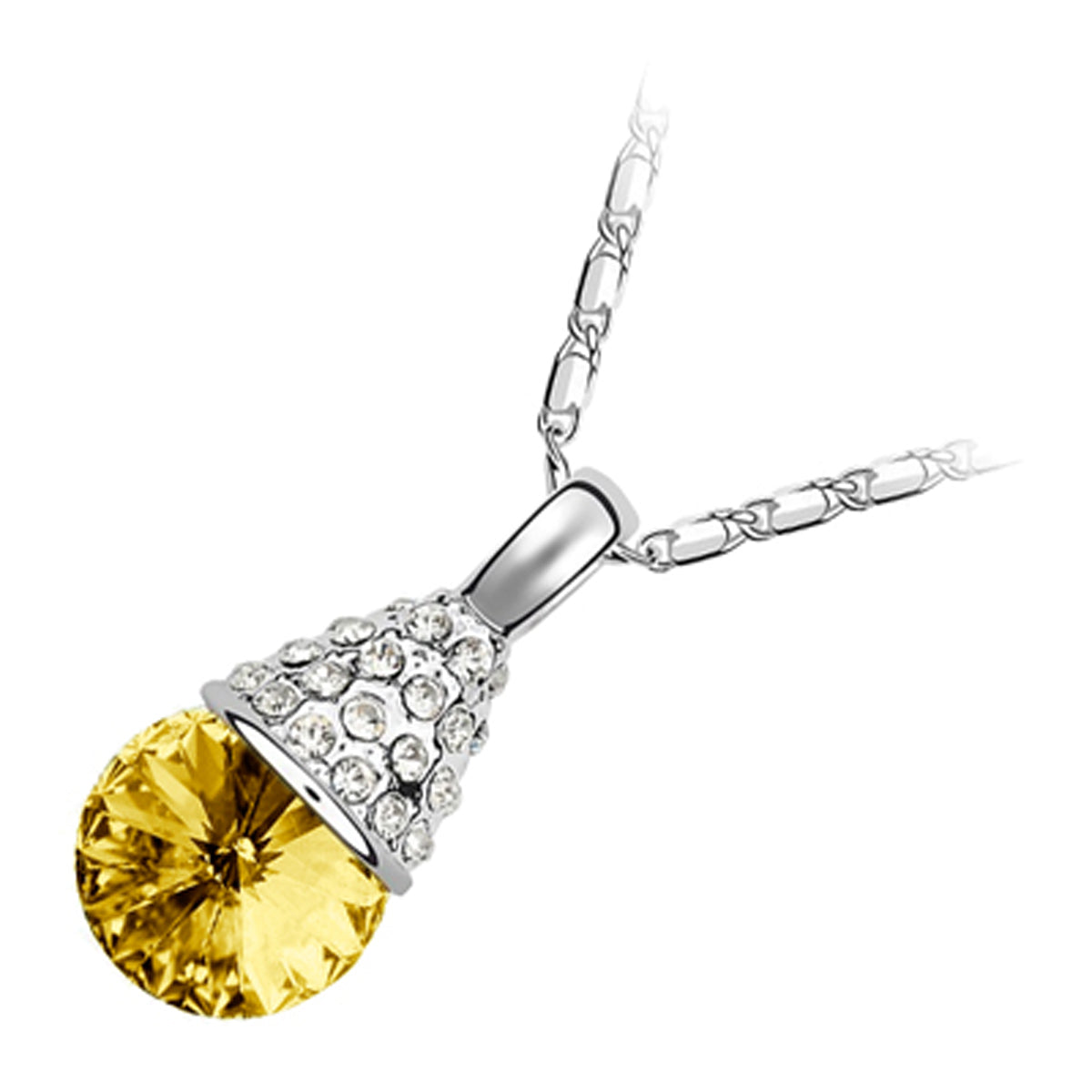 18K White Gold Coated Fashion Pendant Necklace with Faceted Crystal and Clear White Stud Crystals