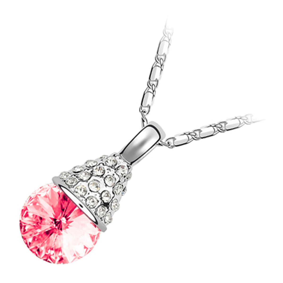 18K White Gold Coated Fashion Pendant Necklace with Faceted Crystal and Clear White Stud Crystals