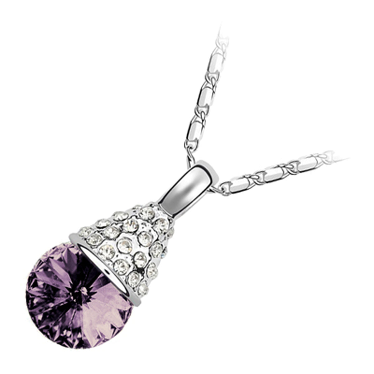 18K White Gold Coated Fashion Pendant Necklace with Faceted Crystal and Clear White Stud Crystals
