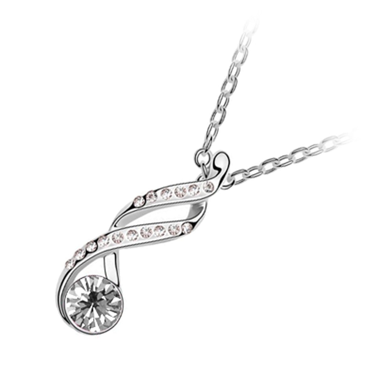 18K White Gold Coated Swirl Pendant Necklace with Round Crystal and 16 Clear White Crystal Studs