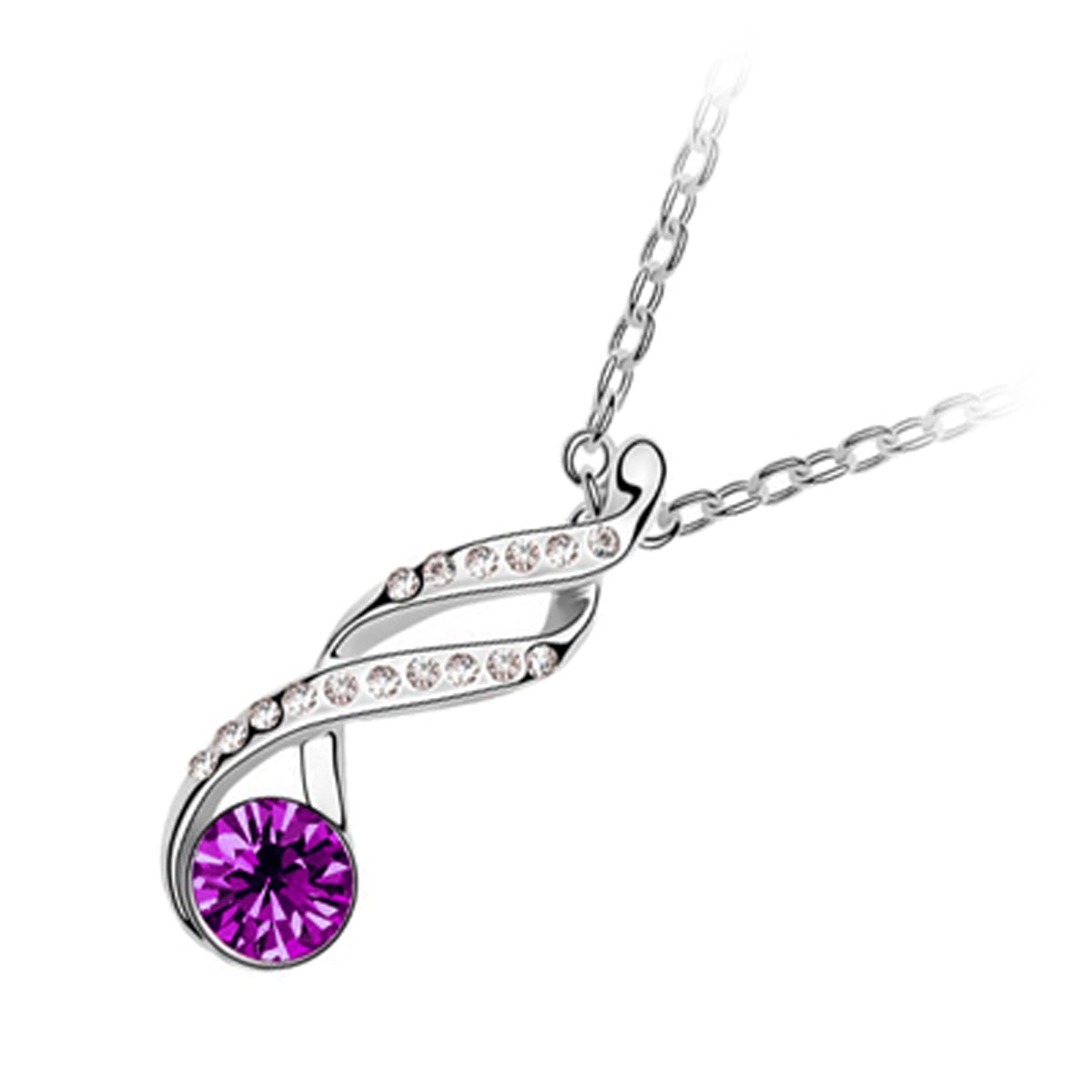 18K White Gold Coated Swirl Pendant Necklace with Round Crystal and 16 Clear White Crystal Studs