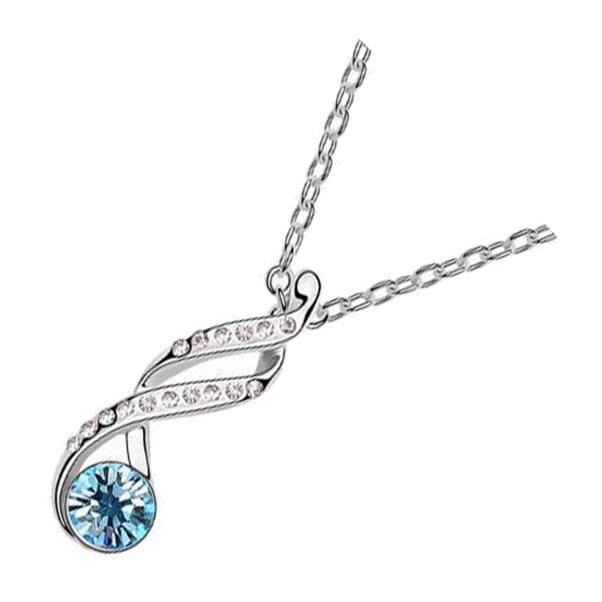 18K White Gold Coated Swirl Pendant Necklace with Round Crystal and 16 Clear White Crystal Studs