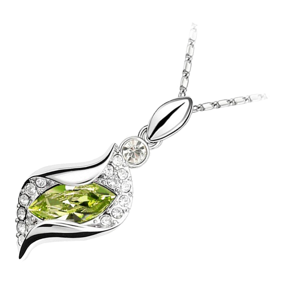 Sterling Silver Coated Oval Stone Necklace Covered by Leaf with Crystals