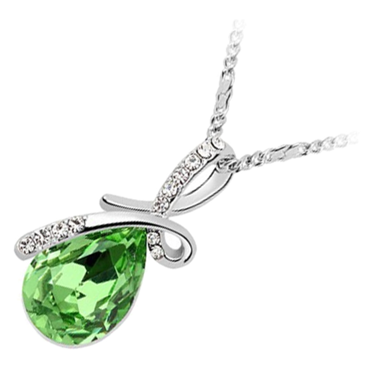 Sterling Silver Coated Drop Shaped Stone Necklace with Bow Covered by Crystals