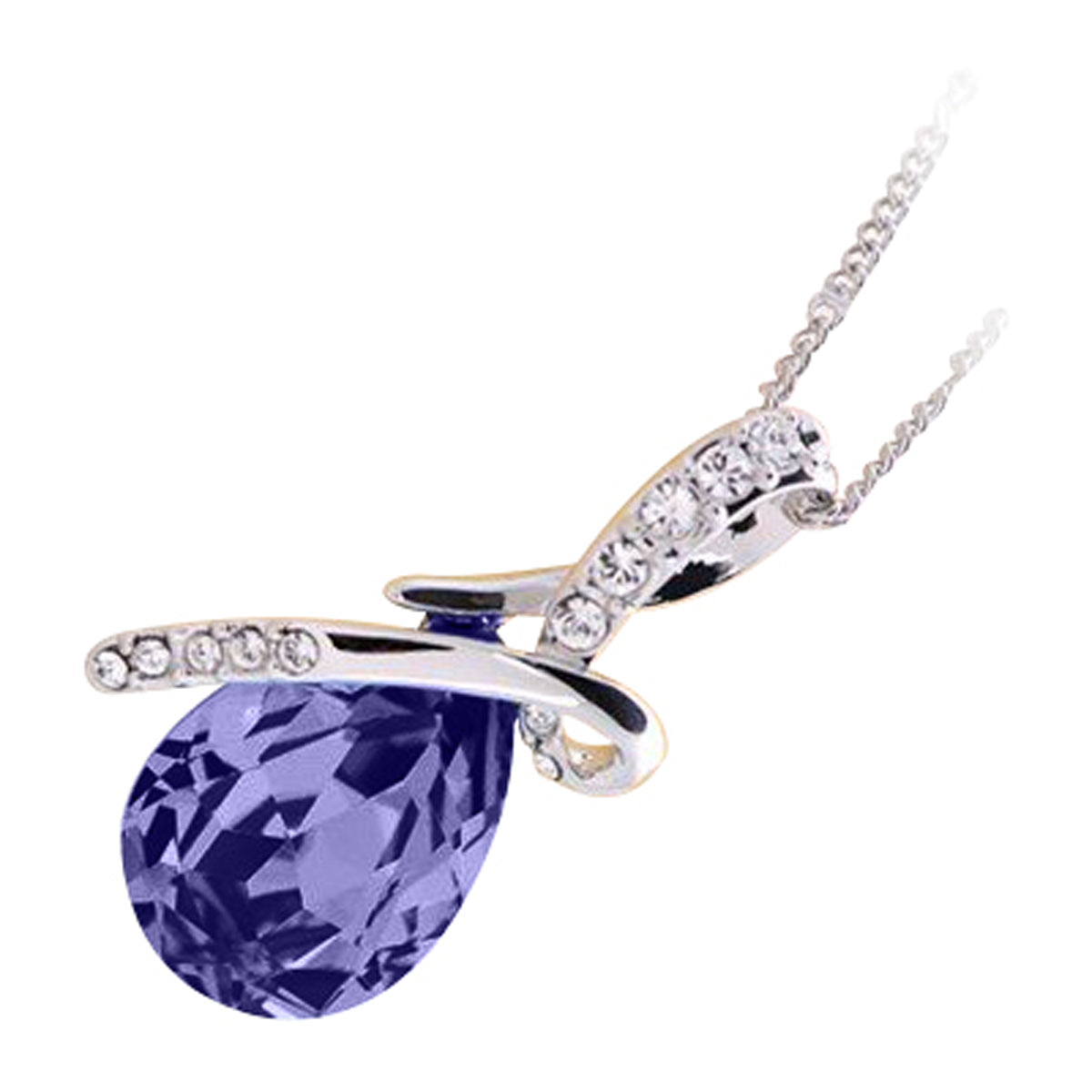 Sterling Silver Coated Drop Shaped Stone Necklace with Bow Covered by Crystals
