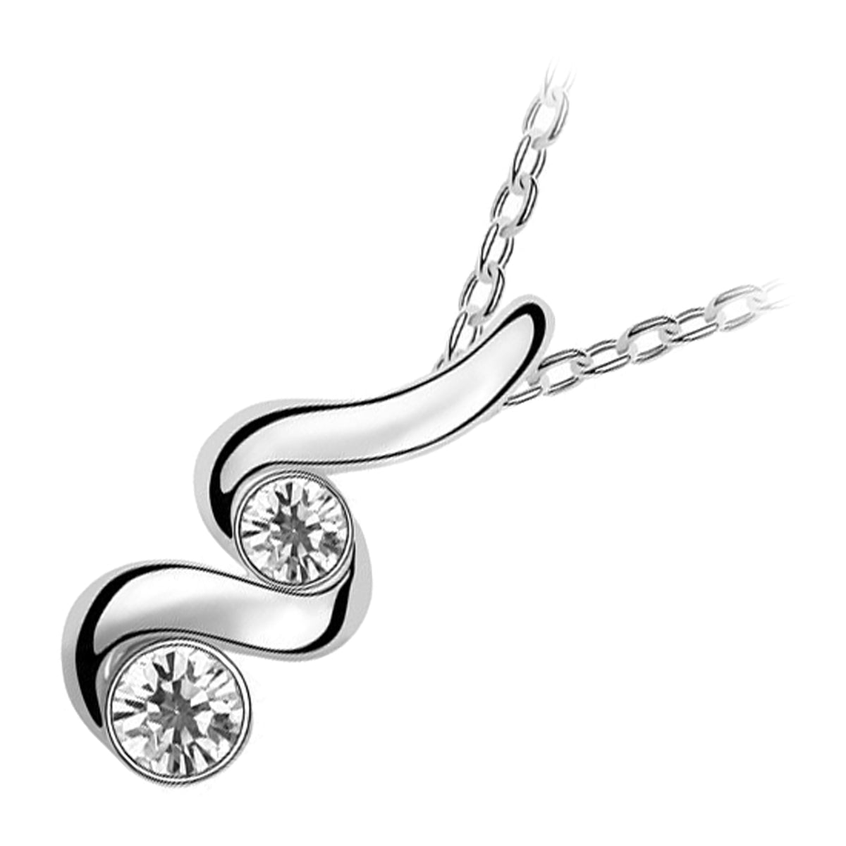 Sterling Silver Coated Spiral Pendant Necklace with 2 Round Stones Inline