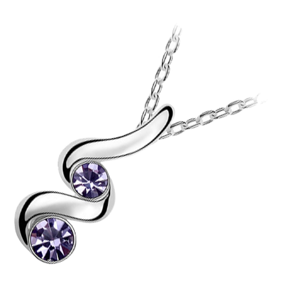 Sterling Silver Coated Spiral Pendant Necklace with 2 Round Stones Inline