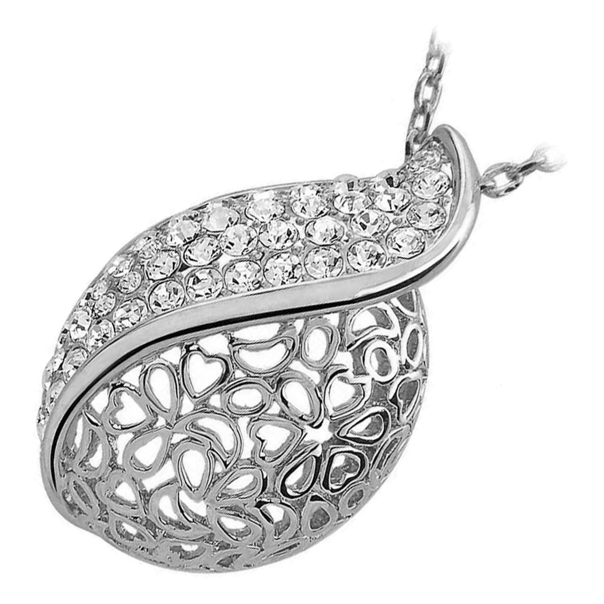 Teardrop Leaf Necklace with Love Hearts and Crystal Accents