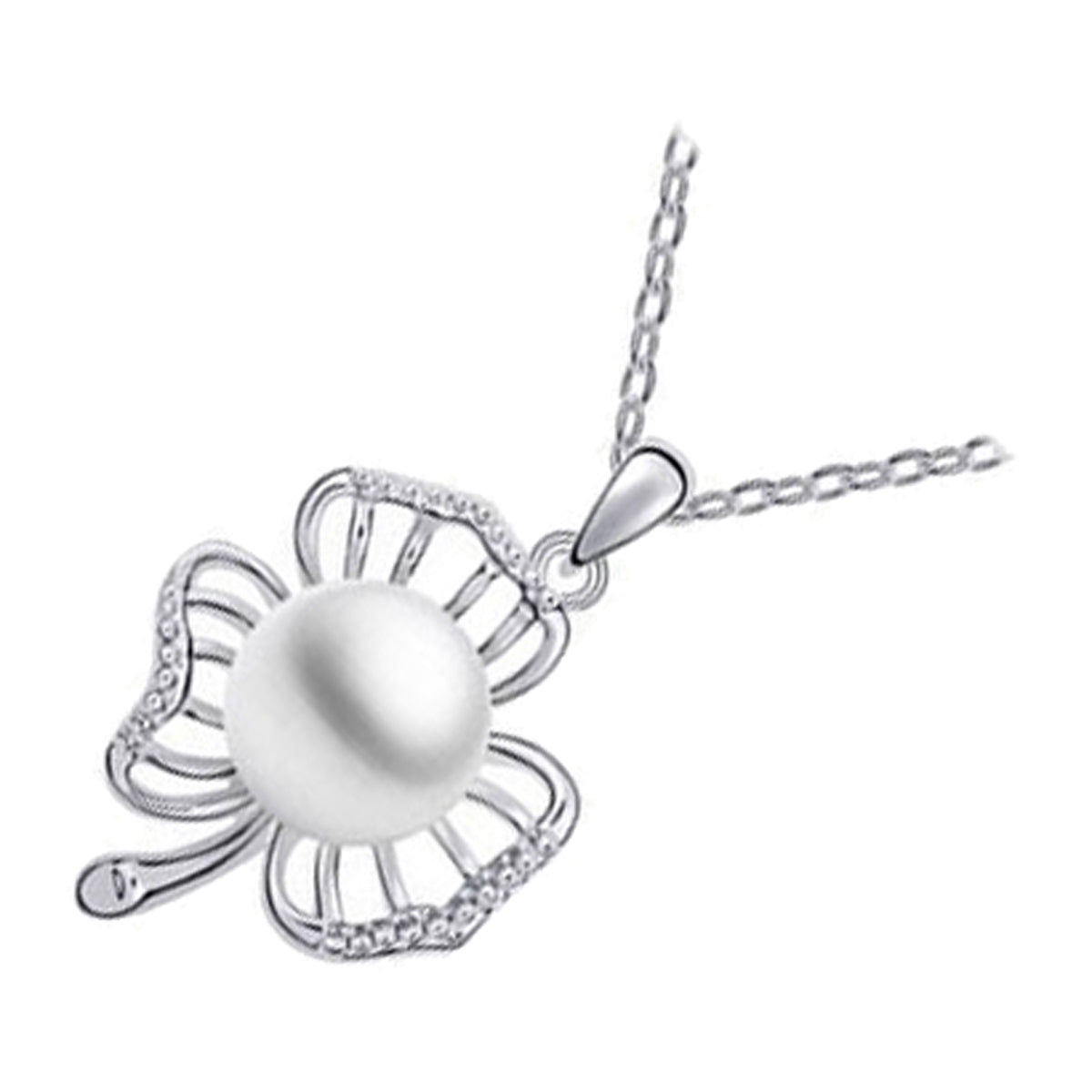 Precious Metal Coated Three Leaf Clover Pendant Necklace Brilliant White Faux Freshwater Pearl