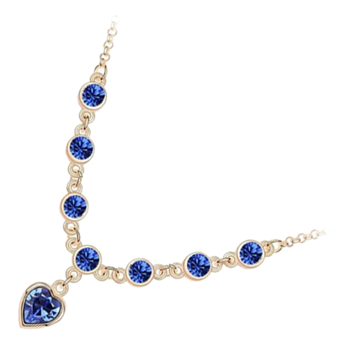 18K Yellow Gold Coated Sapphire Blue Heart Pendant Necklace 7 Round Cut Crystals