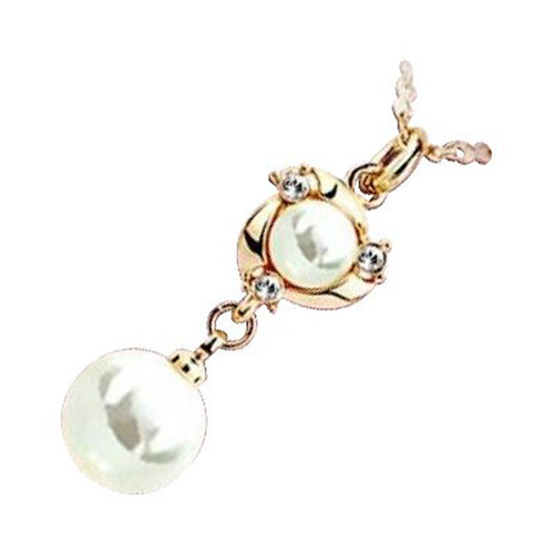 14K Yellow Gold Coated Pendant Necklace 2 Faux White Freshwater Pearls with Clear Crystal Elements