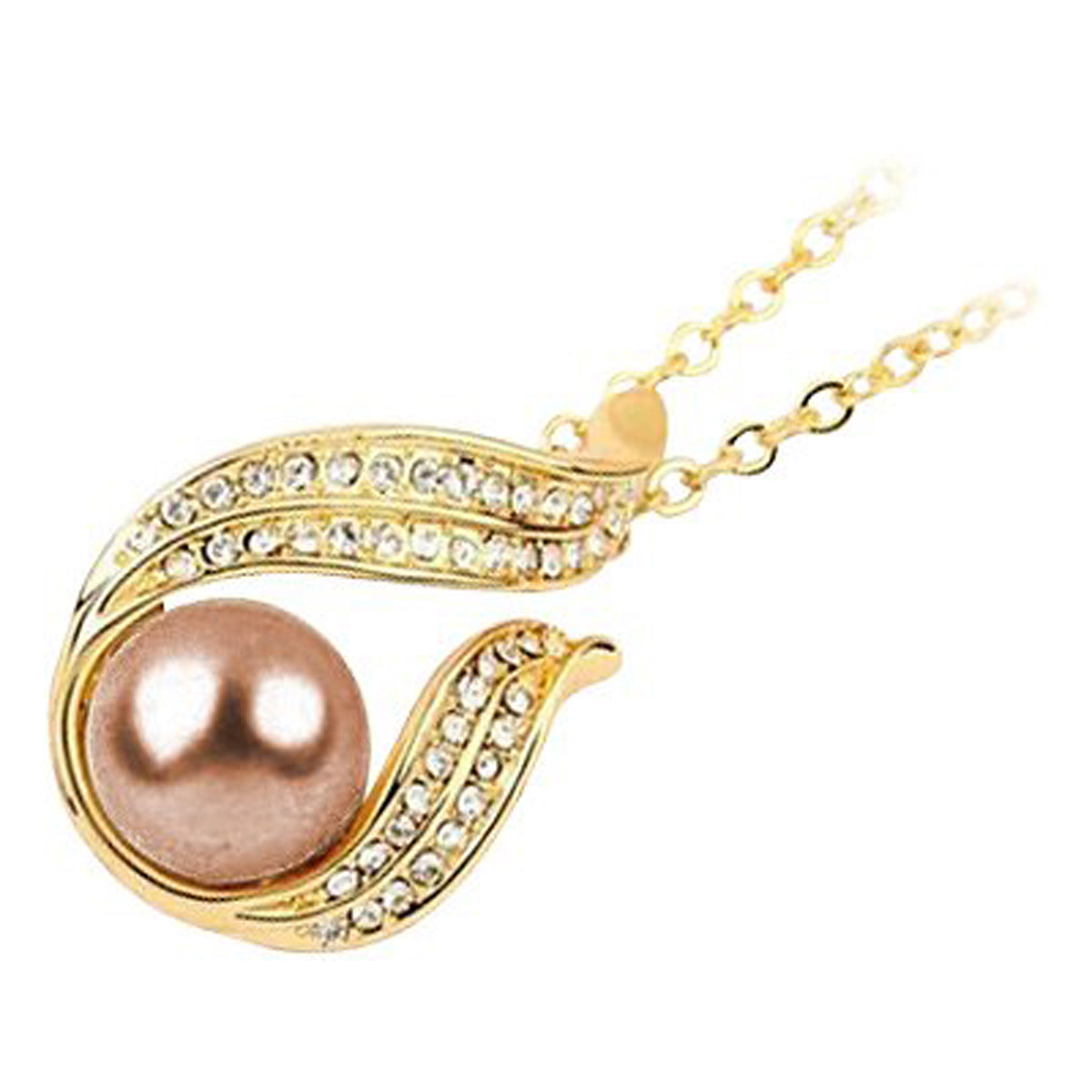 18K Yellow Gold Coated Pendant Necklace with Faux Brown Freshwater Pearl Wrapped in Crystal Elements
