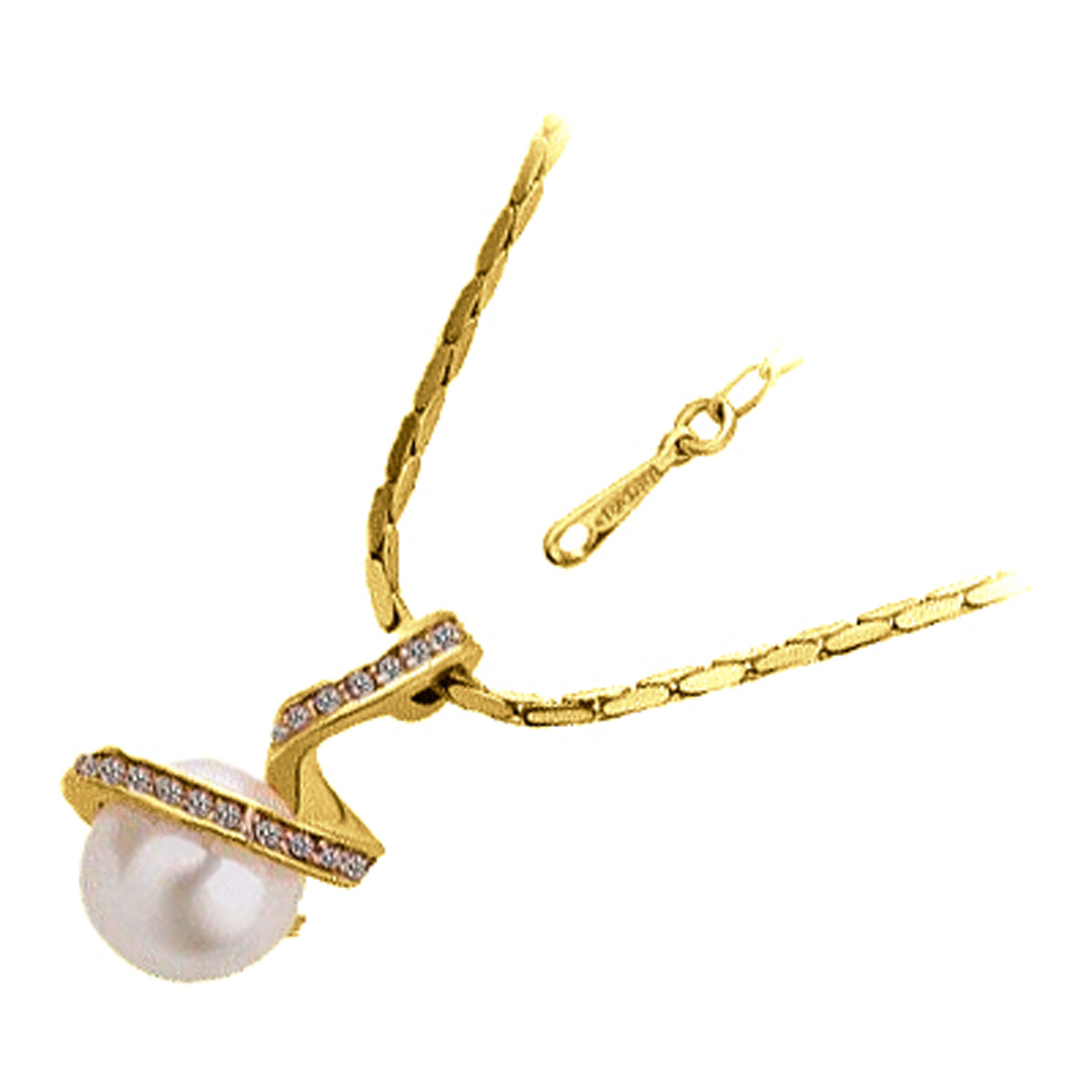 18K Yellow Gold Coated Pendant Necklace with Faux White Freshwater Pearl Wrapped in Crystal Elements