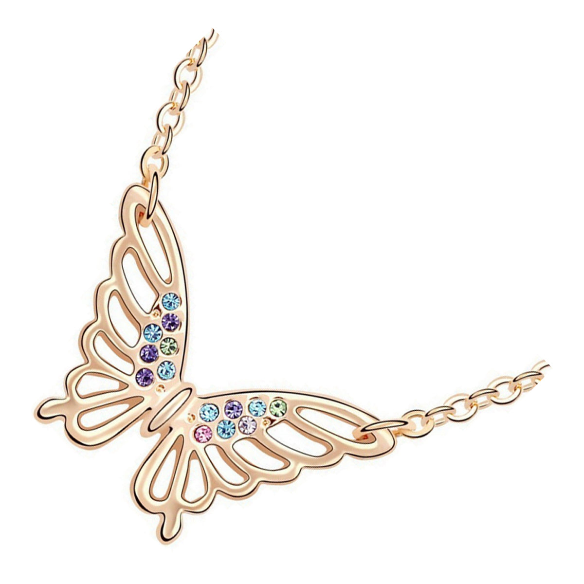 18K Rose Gold Coated Butterfly Pendant Necklace Multicolor Crystals