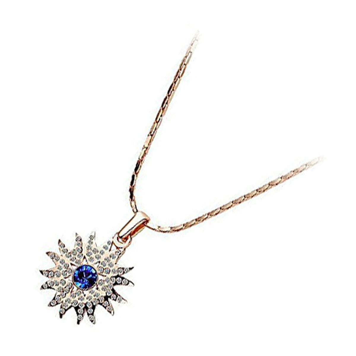 18K Rose Gold Coated Solar Sun Sapphire Blue Necklace Crystal