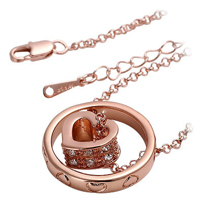 18K Rose Gold Coated Fashion Heart Pendant Necklace Clear Round Cut Crystal Elements