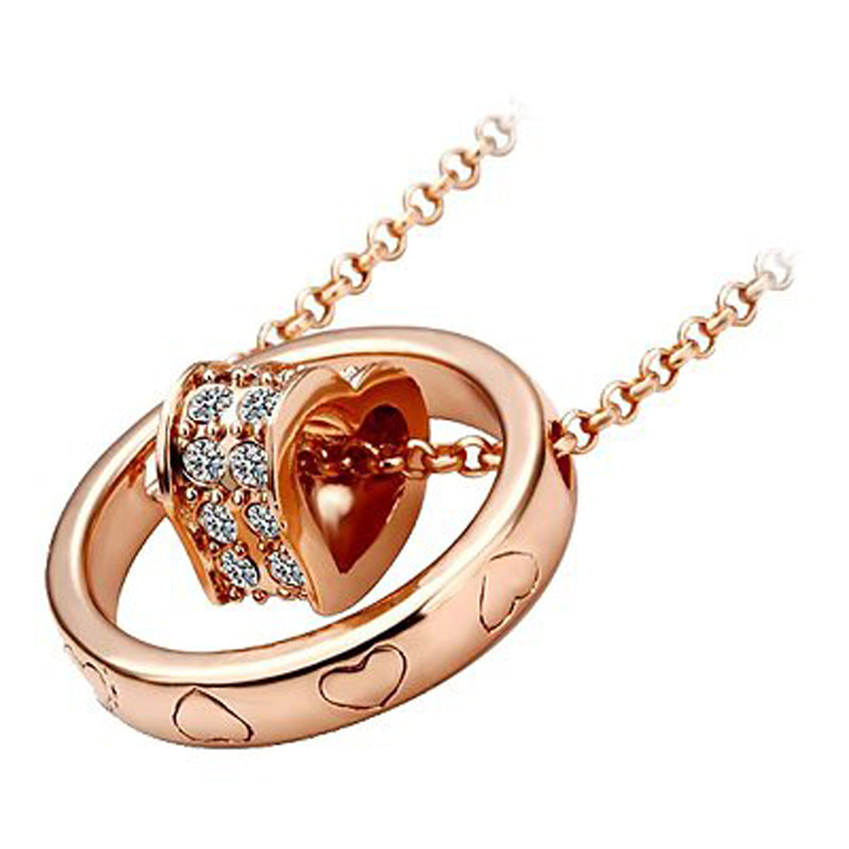 18K Rose Gold Coated Fashion Heart Pendant Necklace Clear Round Cut Crystal Elements