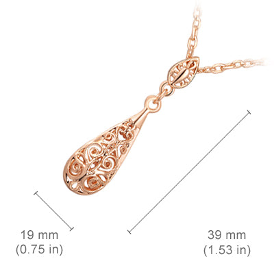 18K Rose Gold Coated Ornate Flower Filigree Teardrop Pendant Necklace
