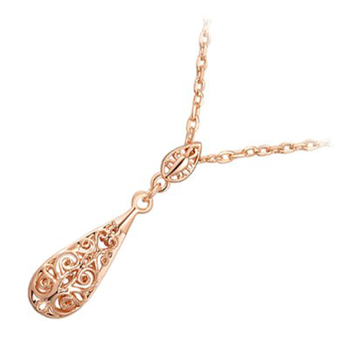 18K Rose Gold Coated Ornate Flower Filigree Teardrop Pendant Necklace