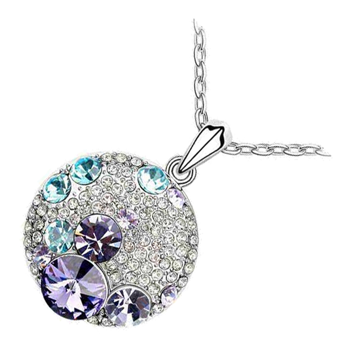 18K White Gold Coated Round Pendant Necklace Amethyst Purple Crystals with Multiple Studs