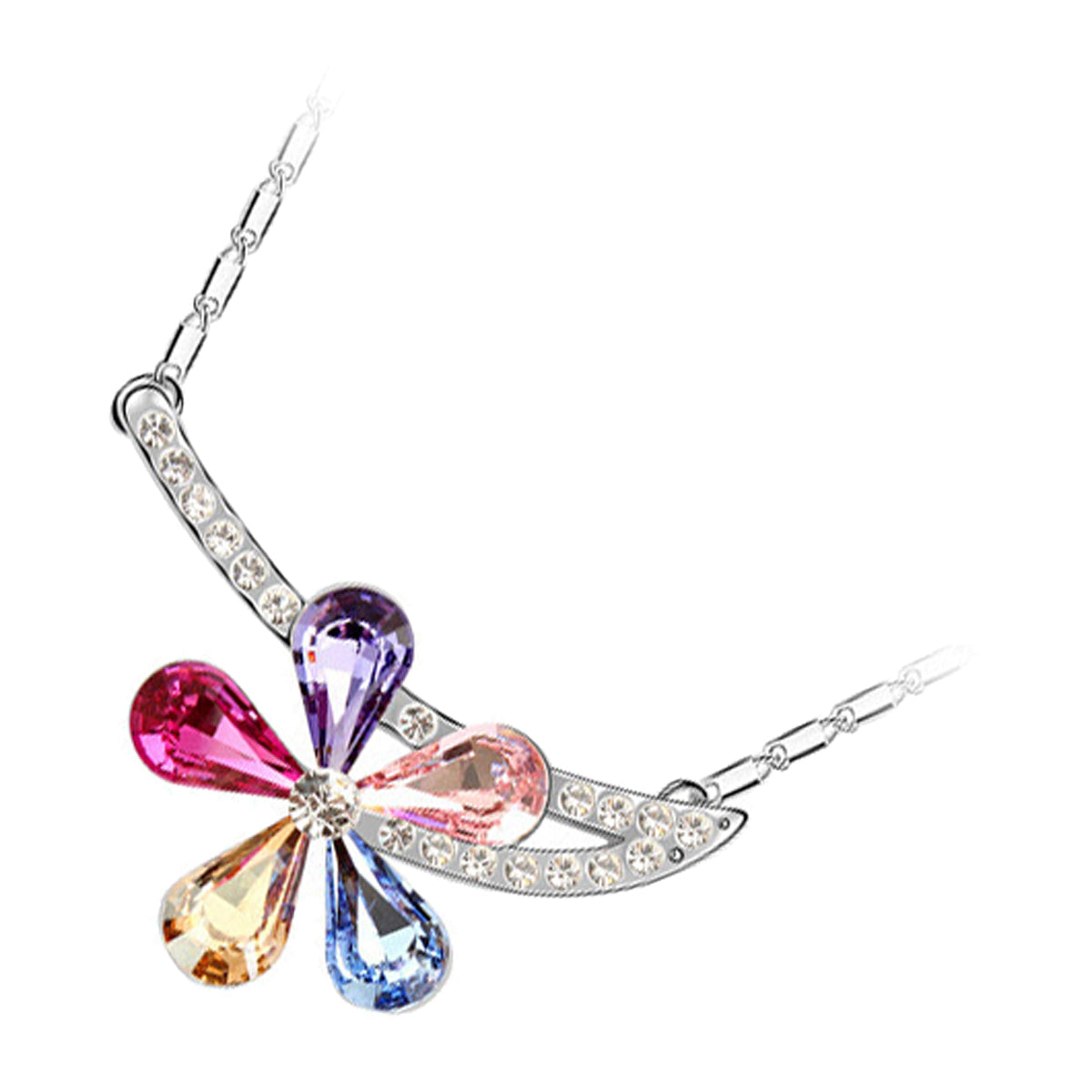 18K White Gold Coated Pendant Necklace Multicolor Flower with Crystal Leaves