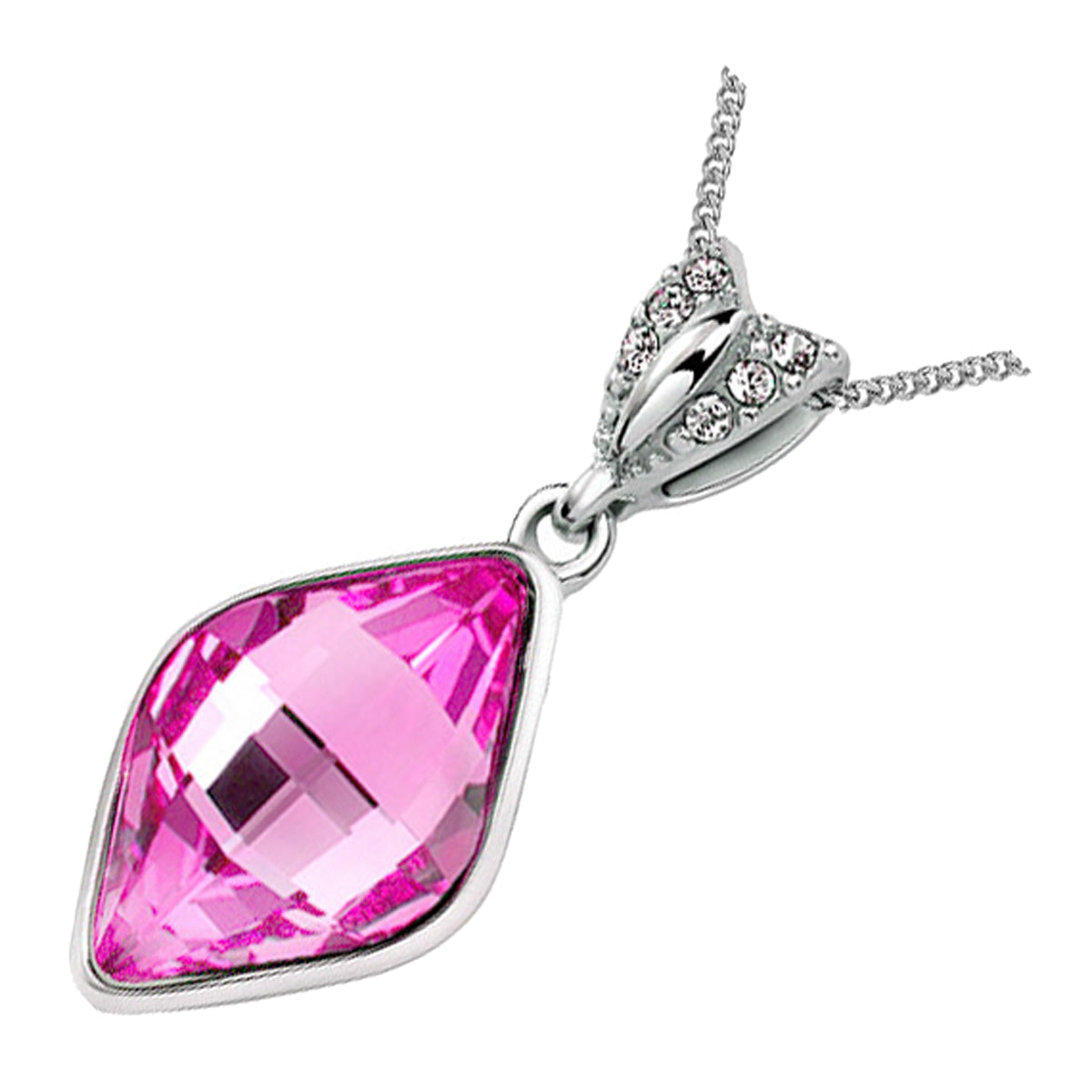 18K White Gold Coated Pendant Necklace Rose Rhombus Crystal