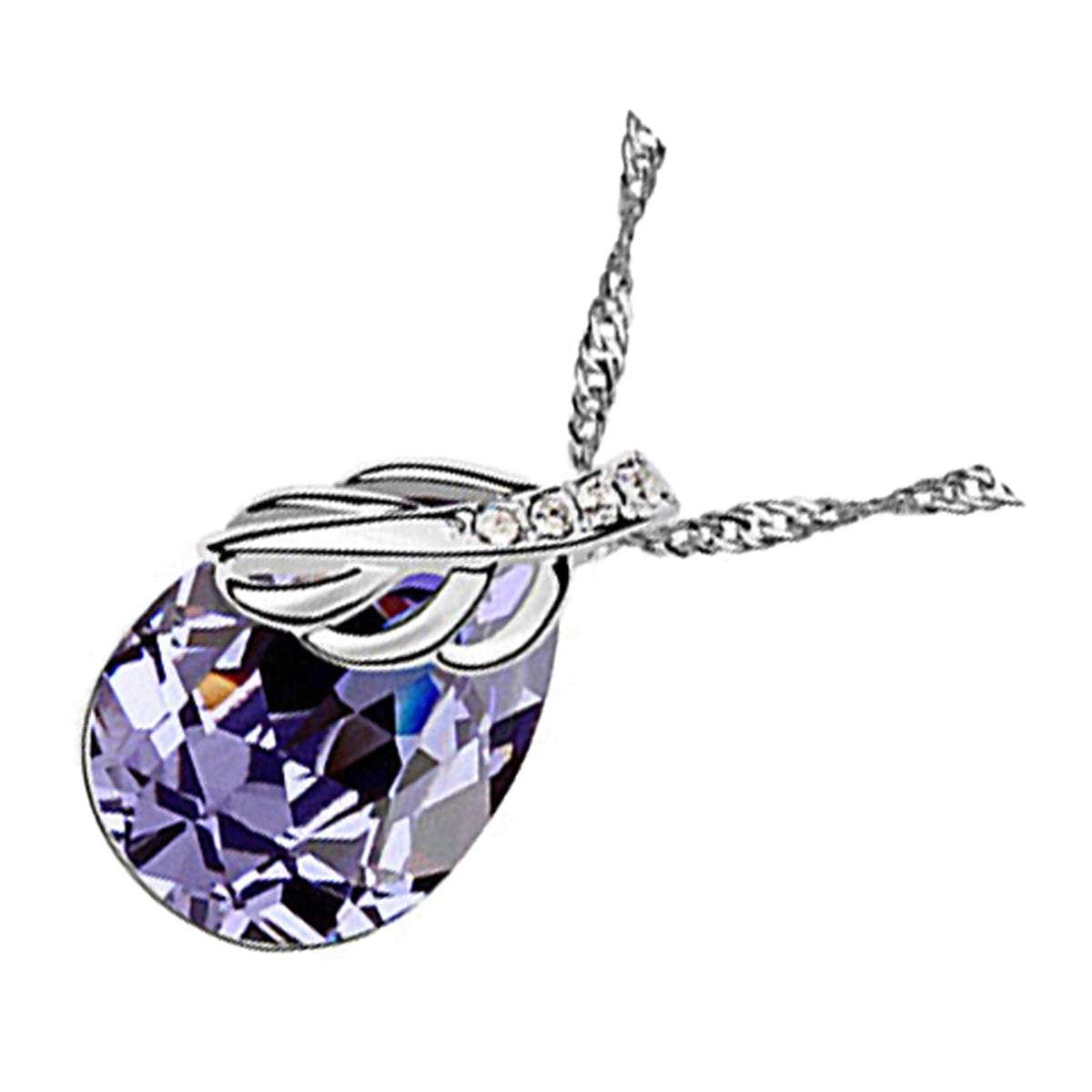 18K White Gold Coated Sapphire Purple Teardrop Feather Necklace Crystal