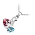 18K White Gold Coated 2 Love Swans Necklace with Aquamarine Blue Teardrop and Rose Heart Crystals