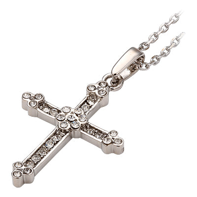 18K White Gold Coated Cross Pendant Necklace with 30 Clear Round Cut Crystal Elements Channel Set