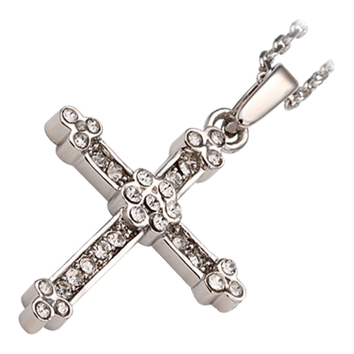 18K White Gold Coated Cross Pendant Necklace with 30 Clear Round Cut Crystal Elements Channel Set