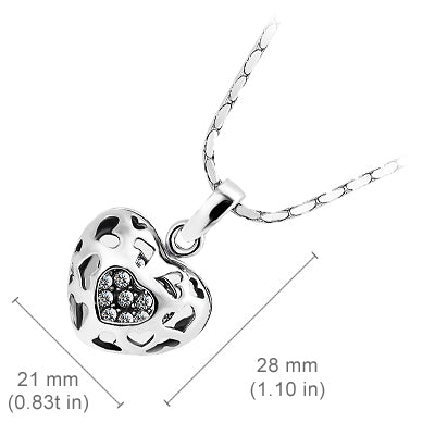 18K White Gold Coated Fashion Heart Pendant Necklace with Filigree Hearts and Clear Crystal Elements