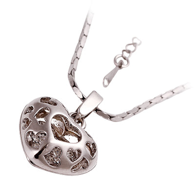 18K White Gold Coated Fashion Heart Pendant Necklace with Filigree Hearts and Clear Crystal Elements