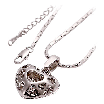 18K White Gold Coated Fashion Heart Pendant Necklace with Filigree Hearts and Clear Crystal Elements