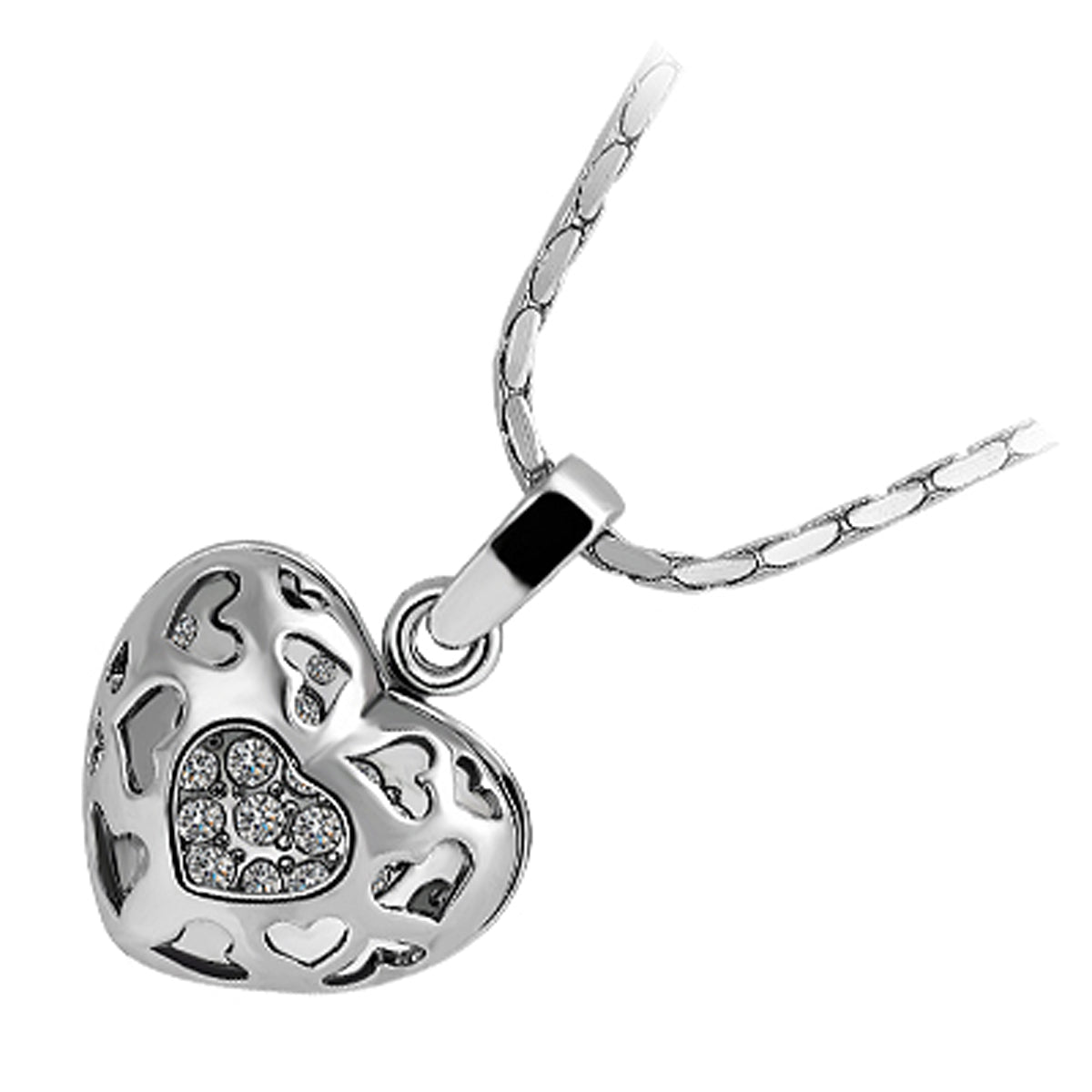 18K White Gold Coated Fashion Heart Pendant Necklace with Filigree Hearts and Clear Crystal Elements