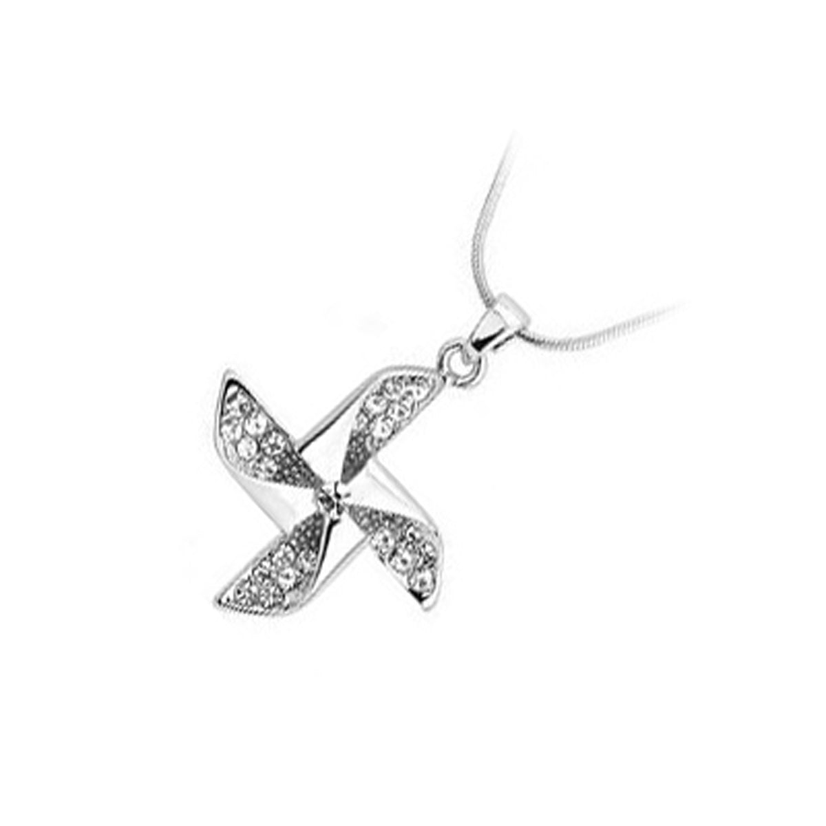 18K White Gold Coated Windmill Pendant Necklace with 24 Clear Pave Set Crystal Elements