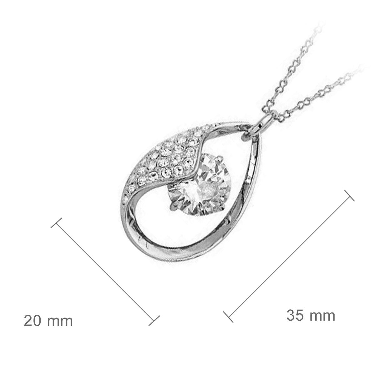 Sterling Silver Coated Teardrop Pendant Necklace 4 Prong Set Round CZ Diamond with Crystal Elements