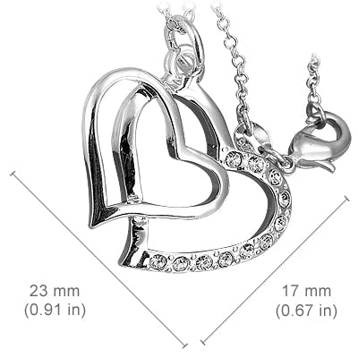 Sterling Silver Coated Double Heart Pendant Necklace with 11 Clear Round Cut Crystal Elements