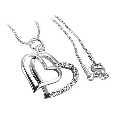 Sterling Silver Coated Double Heart Pendant Necklace with 11 Clear Round Cut Crystal Elements UPCO Jewelry