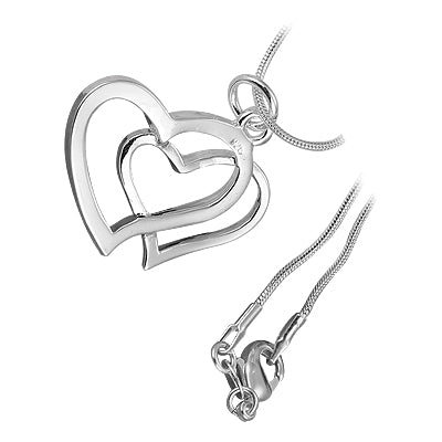 Sterling Silver Coated Double Heart Pendant Necklace with 11 Clear Round Cut Crystal Elements