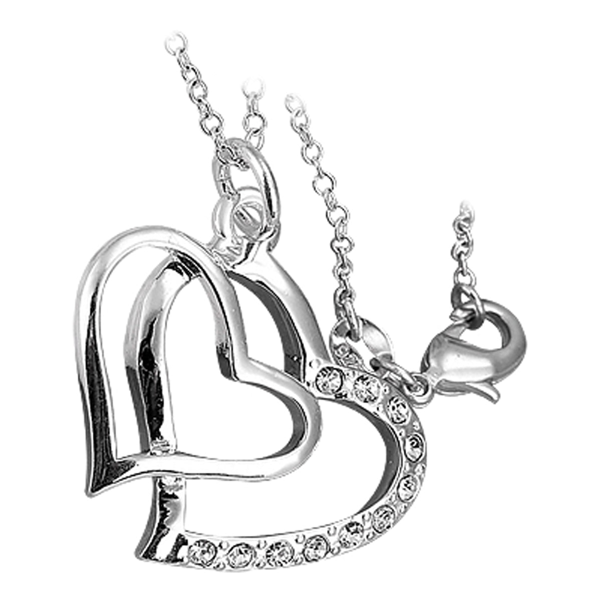 Sterling Silver Coated Double Heart Pendant Necklace with 11 Clear Round Cut Crystal Elements