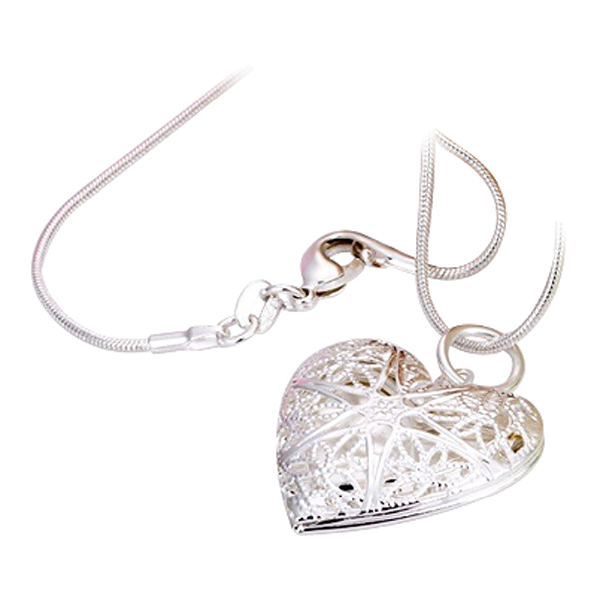 Sterling Silver Coated Fashion Heart Pendant Necklace with Filigree Flower Design